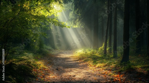 A quiet, winding forest path surrounded by tall trees and soft sunlight