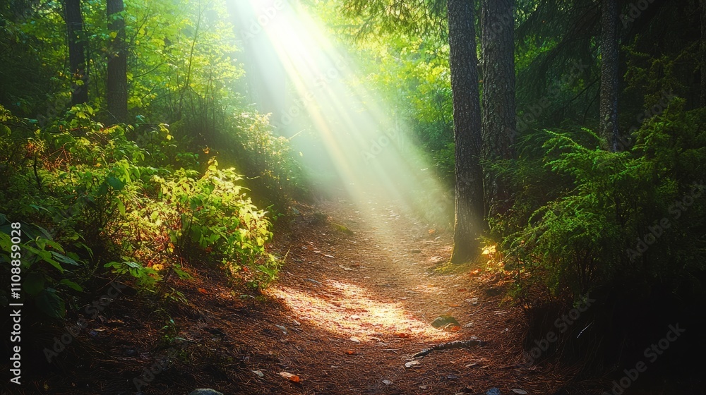 Obraz premium A quiet, winding forest path surrounded by tall trees and soft sunlight