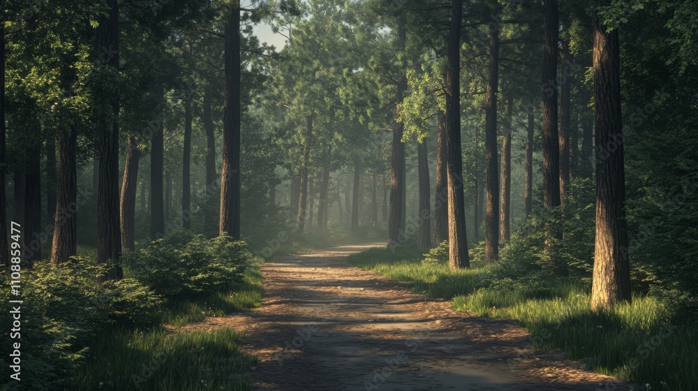 Fototapeta premium A quiet, winding forest path surrounded by tall trees and soft sunlight