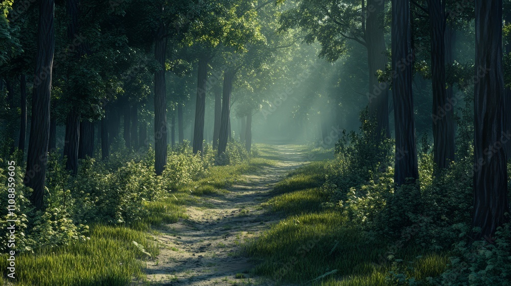 Fototapeta premium A quiet, winding forest path surrounded by tall trees and soft sunlight