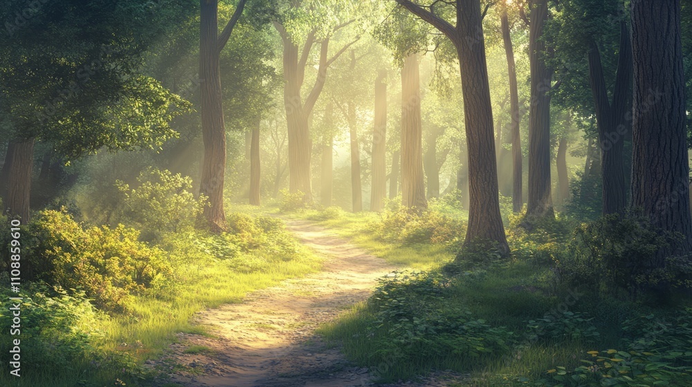 Fototapeta premium A quiet, winding forest path surrounded by tall trees and soft sunlight