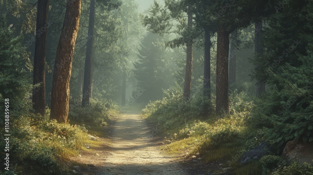 Fototapeta premium A quiet, winding forest path surrounded by tall trees and soft sunlight