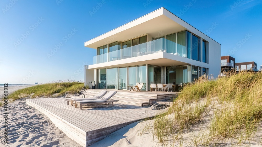 Modern beach house on dunes. Minimalist white architecture. Glass walls, wooden deck. Lounge chairs. Calm ocean view. Luxury vacation home. Coastal living. Sunny day. Sand beach. Seashore. Modern beach house on dunes. Minimalist white architecture. Glass walls, wooden deck. Lounge chairs. Calm ocean view. Luxury vacation home. Coastal living. Sunny day. Sand beach. Seashore.