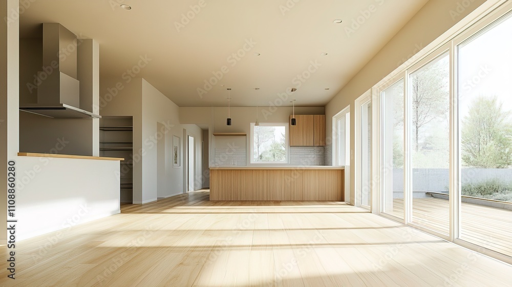 Obraz premium A spacious living room with high ceilings, decorated in neutral tones like white, gray, and beige. The floor is light wood, The ceiling is clean and ready to add recessed lighting. 