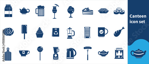 Canteen icon set, fish, location, travel, lunch, dinner, fast food, snack, cutlery, food court, plate, cafeteria, building, serving, silverware, drink, spoon, eating, vector illustration.