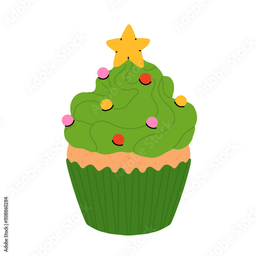 Christmas cupcakes with festive decoration. Santa hat, christmas tree, snowman, peppermint topping and icing. Merry Christmas. Xmas sweets Vector illustrations.