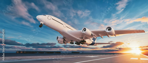 Commercial Airplane Taking Off at Sunrise - 3D Rendering Illustration..