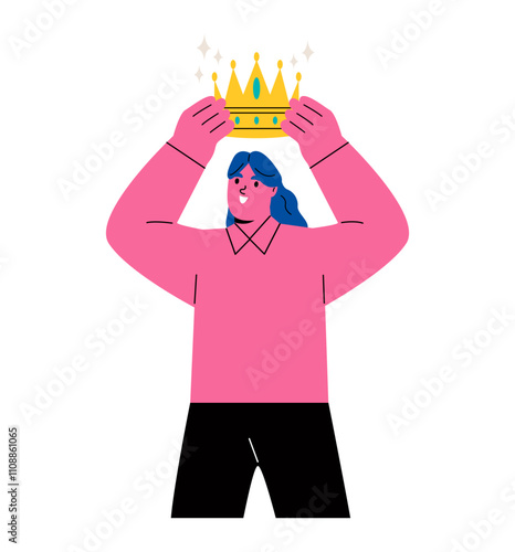 Business woman wearing crown. Confident concept. Flat vector illustration isolated on white background