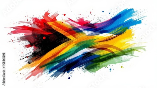 Double-exposed South African flag, vibrant hues layered in time.  A nation's spirit.