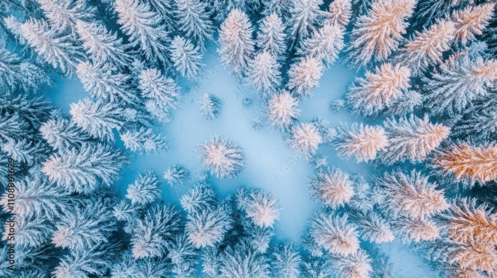 Aerial View of Snow Covered Pine Trees in Winter Aerial View of Snow Covered Pine Trees in Winter