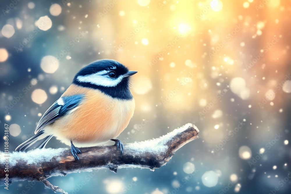 Naklejka premium Winter Bird on Snowy Branch 