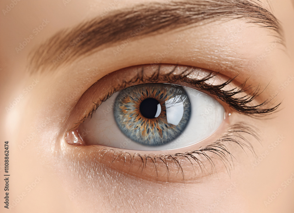 Obraz premium Close-Up of a Beautiful Human Eye with Unique Blue and Orange Iris, Showcasing Detail of Eyelashes, Skin Texture, and Natural Beauty in High Resolution