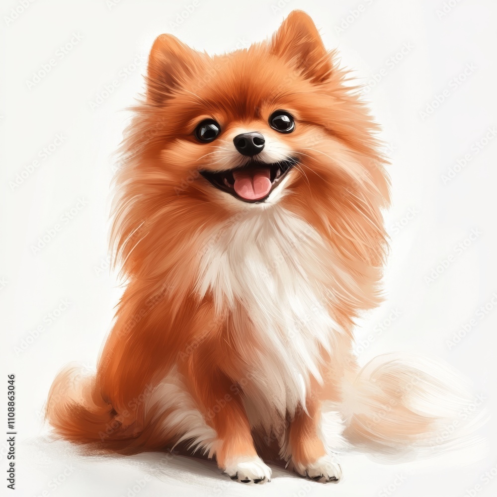 Obraz premium Fluffy Pomeranian sitting on a white background, with its tail curled up and a cheerful expression