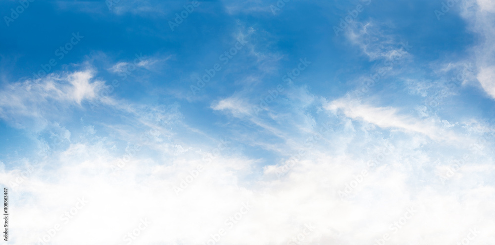 Fototapeta premium Sky Blue,Cloud Background,Horizon Summer Clear Sky over beach, landscape nature sunrise in Winter,Spring panorama banner white clouds over blue ocean,Sunset landscape . Blue gradient background 