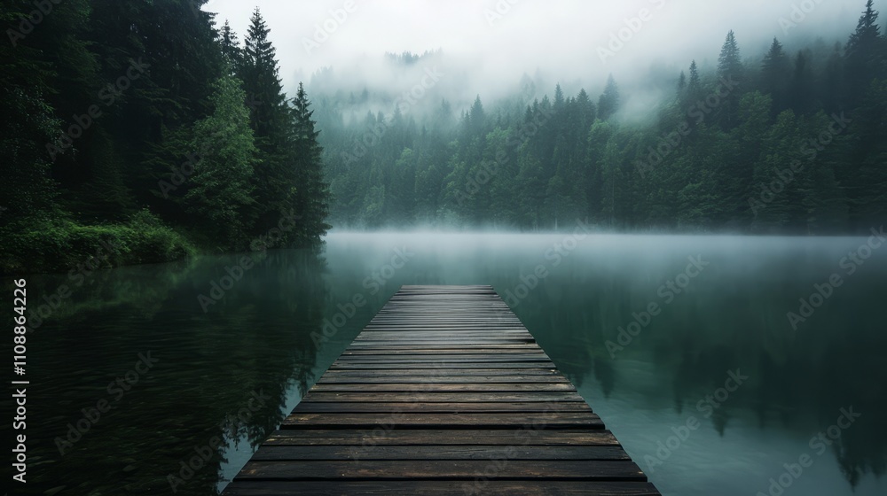 Obraz premium A rustic wooden pier extending into a calm, fog-covered lake surrounded by dense forests