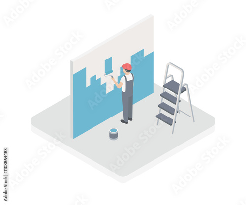 Vector home renovation isometric illustration. Professional worker with painting roller, tray, brush, ladder with bucket of paint and cloth. Painting walls, house construction concept. Isolated.