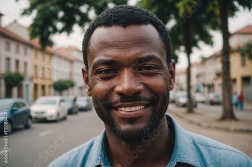 Close portrait of a smiling 40s Sao Tomean man looking at the camera, Sao Tomean city outdoors  blurred background photo