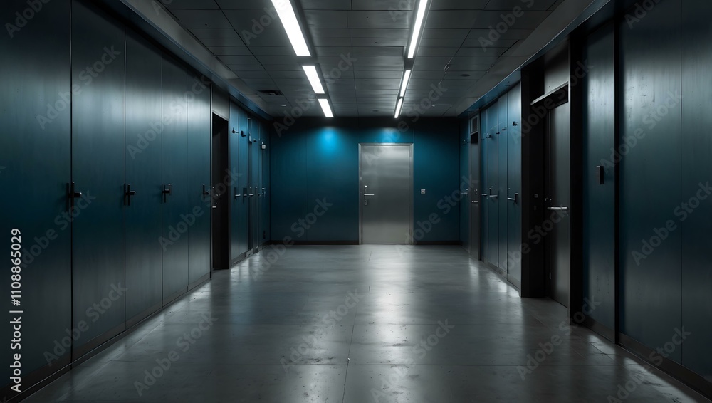 Fototapeta premium Sleek blue corridor with metal walls and doors.