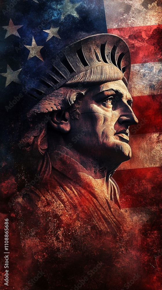 Obraz premium Statue of liberty facing right with american flag background