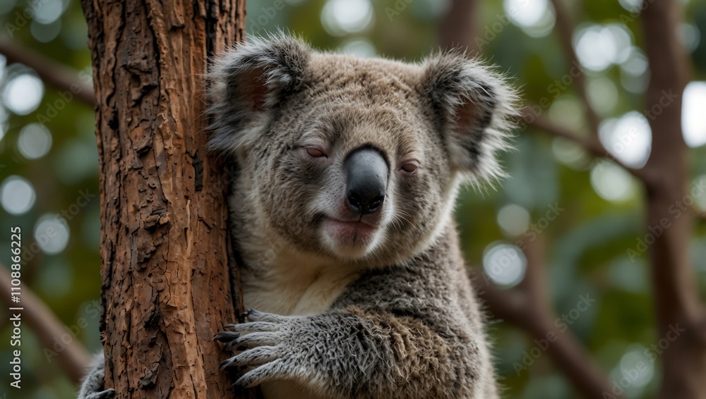 Fototapeta premium Sleeping koala looking uncomfortable in a tree.