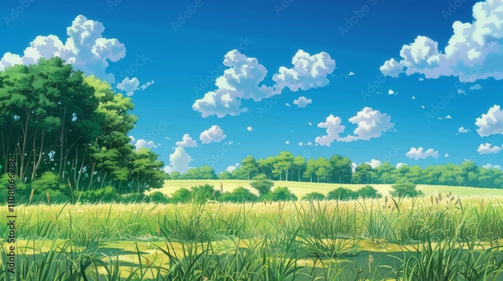 Fototapeta premium A serene meadow with tall grass, wildflowers, and trees under a bright blue sky with fluffy clouds and birds flying