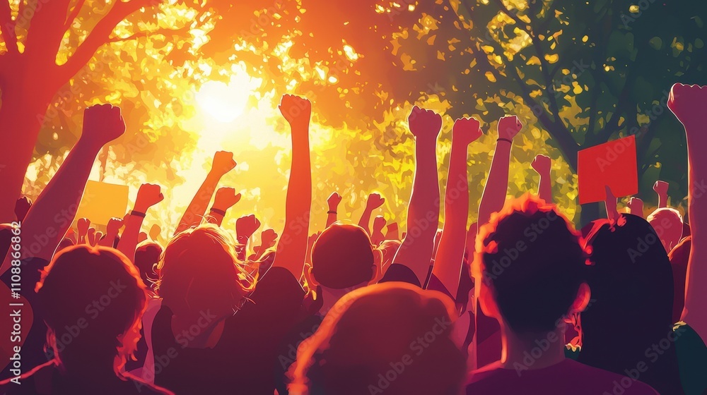 Obraz premium Unified Crowd in Protest with Raised Fists, Symbolizing Strength, Solidarity, and the Fight for Social Justice
