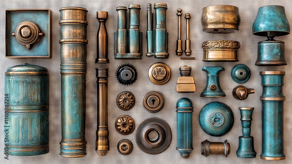 Collection of Antique Brass and Teal Patina Hardware Collection of Antique Brass and Teal Patina Hardware