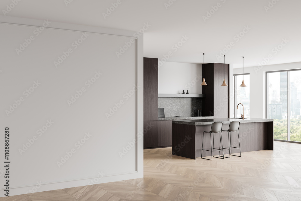 Fototapeta premium Modern kitchen interior with minimalist dark wood cabinets and island, pendant lights, large windows, and chevron wood flooring. 3D Rendering