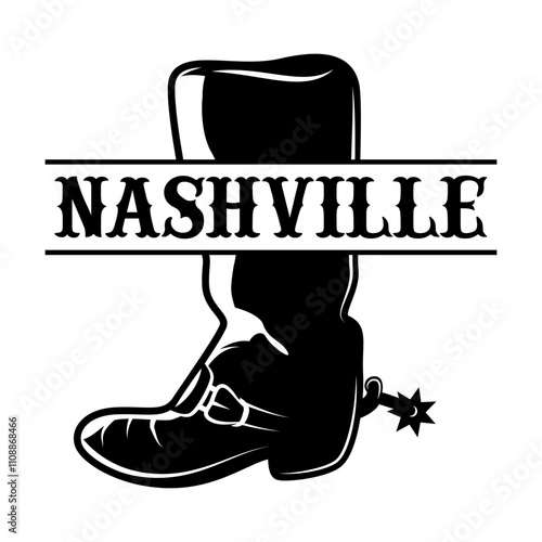 Nashville cowboy boot monogram svg cut file. Isolated vector illustration.