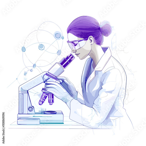 Female Scientist with Focused Expression Using Microscope in Purple and Blue Ethereal Style