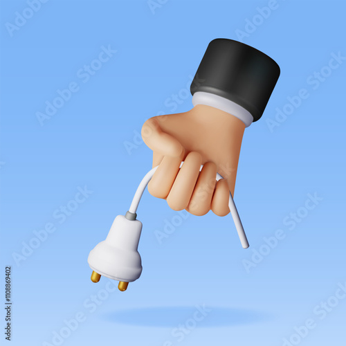 3D electric plug in hand isolated. Render electrical outlet plug unplugged symbol. 404 error concept. . Disconnection or connect loss, page not found, under construction. Vector illustration