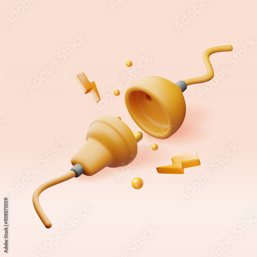 3D electric plug and socket isolated. Render electrical outlet plug unplugged symbol. 404 error concept. Disconnection or connect loss, page not found, under construction. Vector illustration