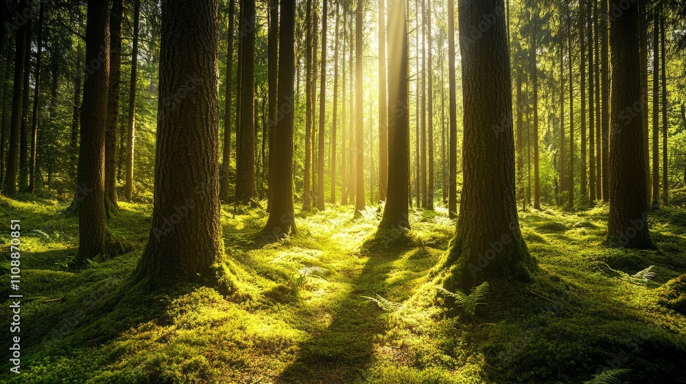 Fototapeta premium A serene forest background with tall trees and soft sunlight filtering through the leaves, natural and peaceful
