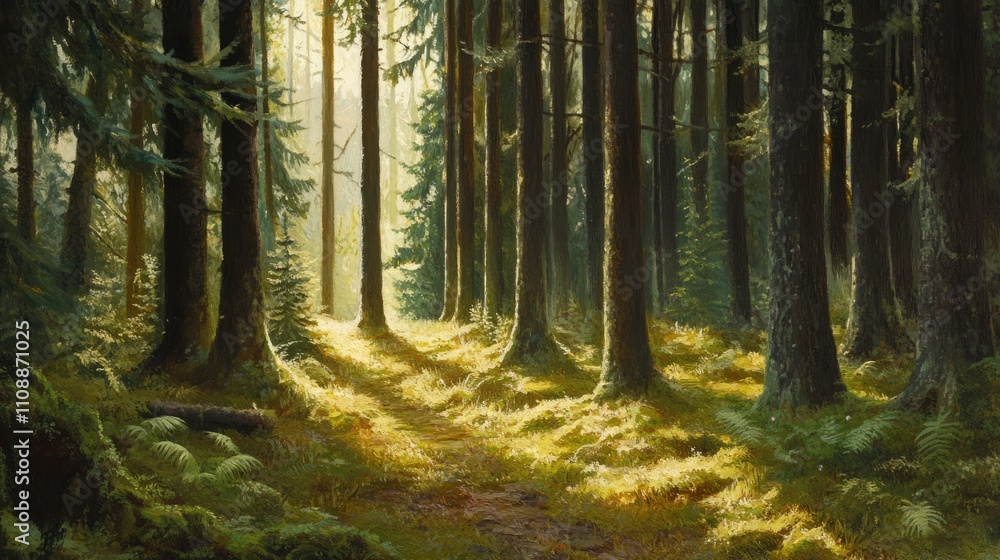 Obraz premium A serene forest background with tall trees and soft sunlight filtering through the leaves, natural and peaceful