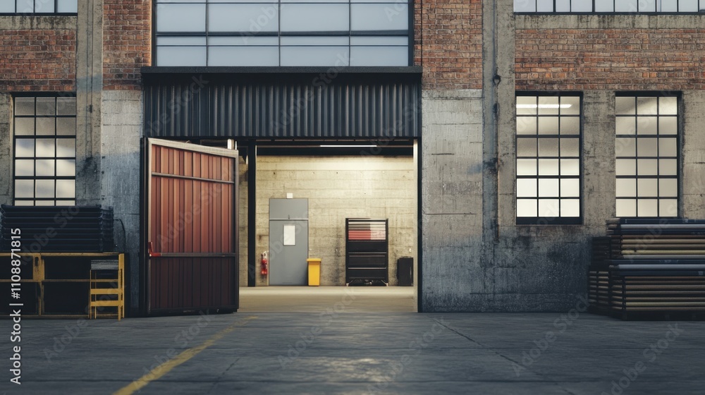 Fototapeta premium Industrial warehouse entrance with open doors 