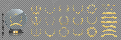 Glass award trophy vector set. Collection of 3d realistic crystal mockup circle prize for winner with number 1, different gold laurel wreath, ribbons and crowns on transparent background