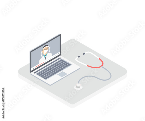 Online consultations with a doctor. Communication with the doctor via video link. Laptop consultation with doctor about health. Isometric vector illustration