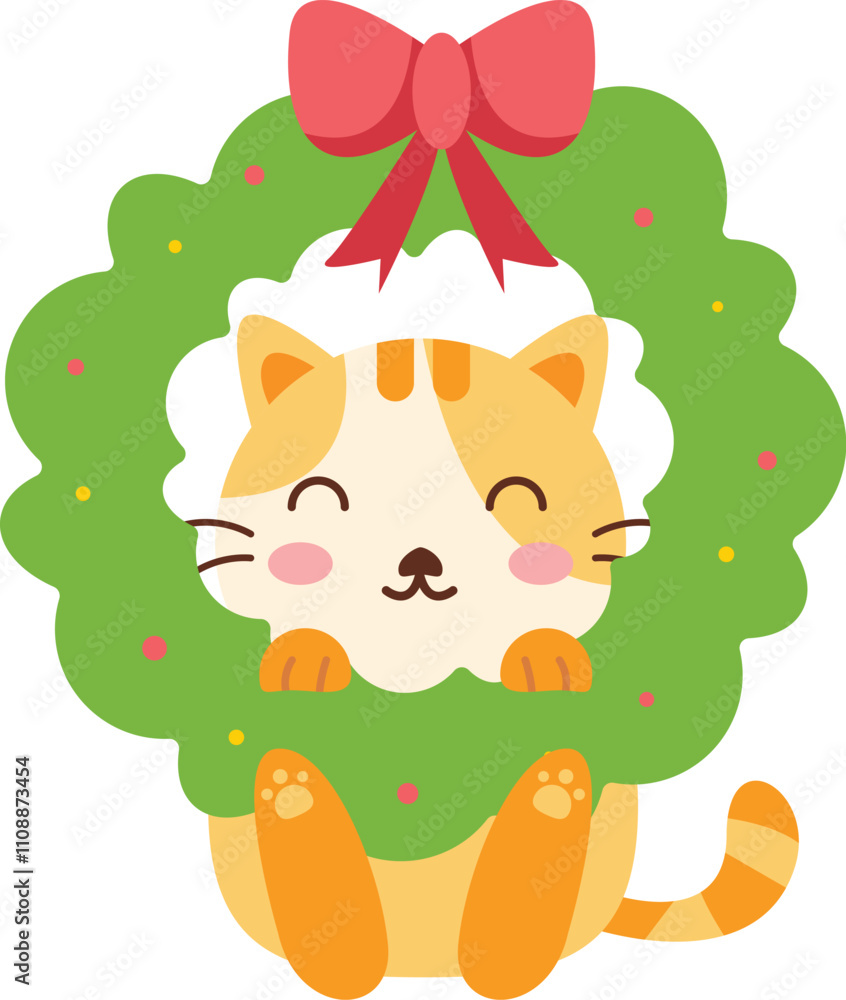 Obraz premium Cute Cat in Christmas Wreath Illustration