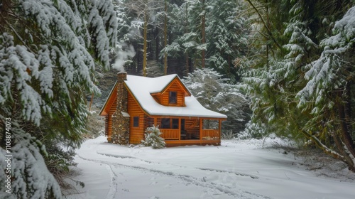 Rustic Cabin with Snowy Roof in a Winter Forest Setting photo