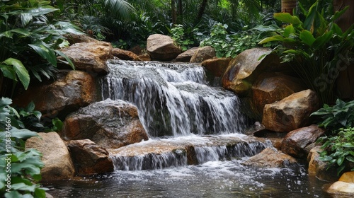 A waterfall cascading over rocks in a lush forest setting, natural and peaceful