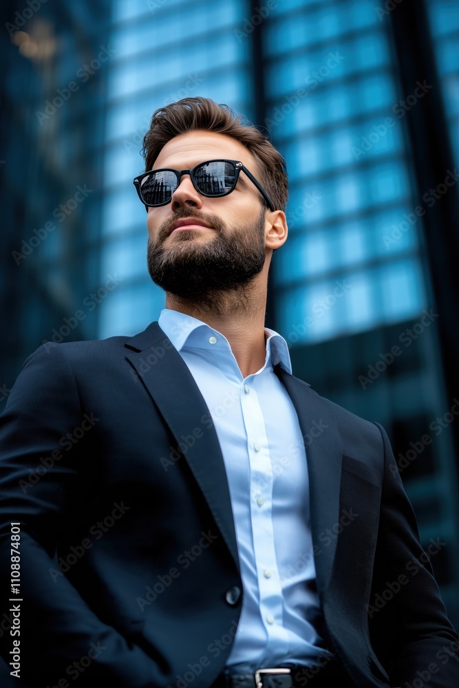 Fototapeta premium Handsome man in a suit stands confidently near a towering skyscraper on a bright day of success and ambition