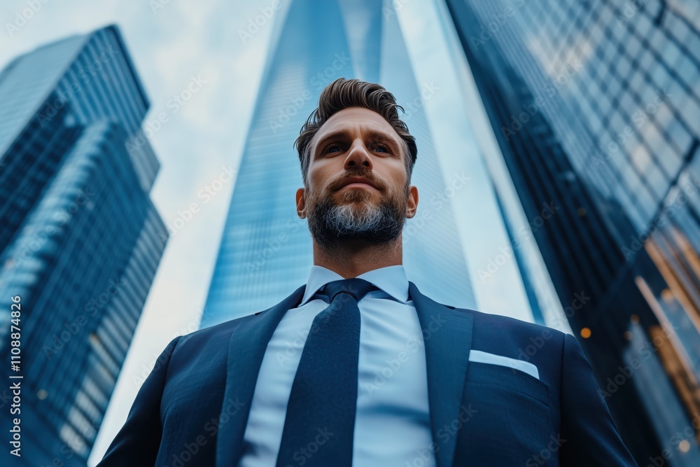 Fototapeta premium Handsome man in a suit stands confidently near a towering skyscraper on a bright day of success and ambition