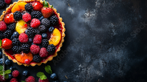 Colorful fruit tart with a fresh assortment of berries and citrus on a dark surface, perfect for dessert lovers. Generative AI photo