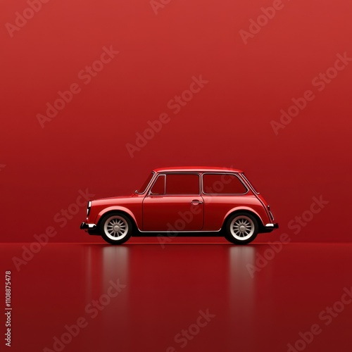 Classic mini cooper car against a bold red background