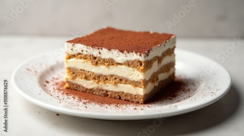 Delicious layered tiramisu dessert on a white plate with cocoa powder topping on a white background 