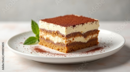 Delicious layered tiramisu dessert on a white plate with cocoa powder topping on a white background 