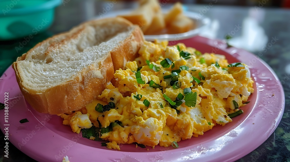 scrambled eggs with bread or bun pav a popular street food served in a pink plate along with egg bhurji scrambled eggs with bread or bun pav a popular street food served in a pink plate along with egg bhurji