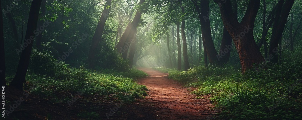 Fototapeta premium Sunbeams illuminating a misty path in a green forest