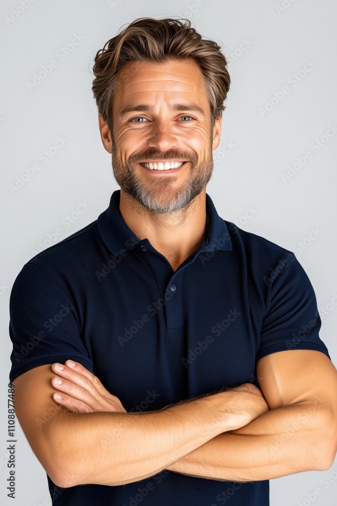 Obraz premium Cheerful German man with crossed arms smiles at the camera in bright daylight against a white background