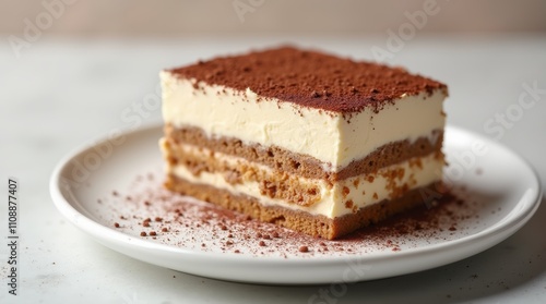Delicious layered tiramisu dessert on a white plate with cocoa powder topping on a white background 